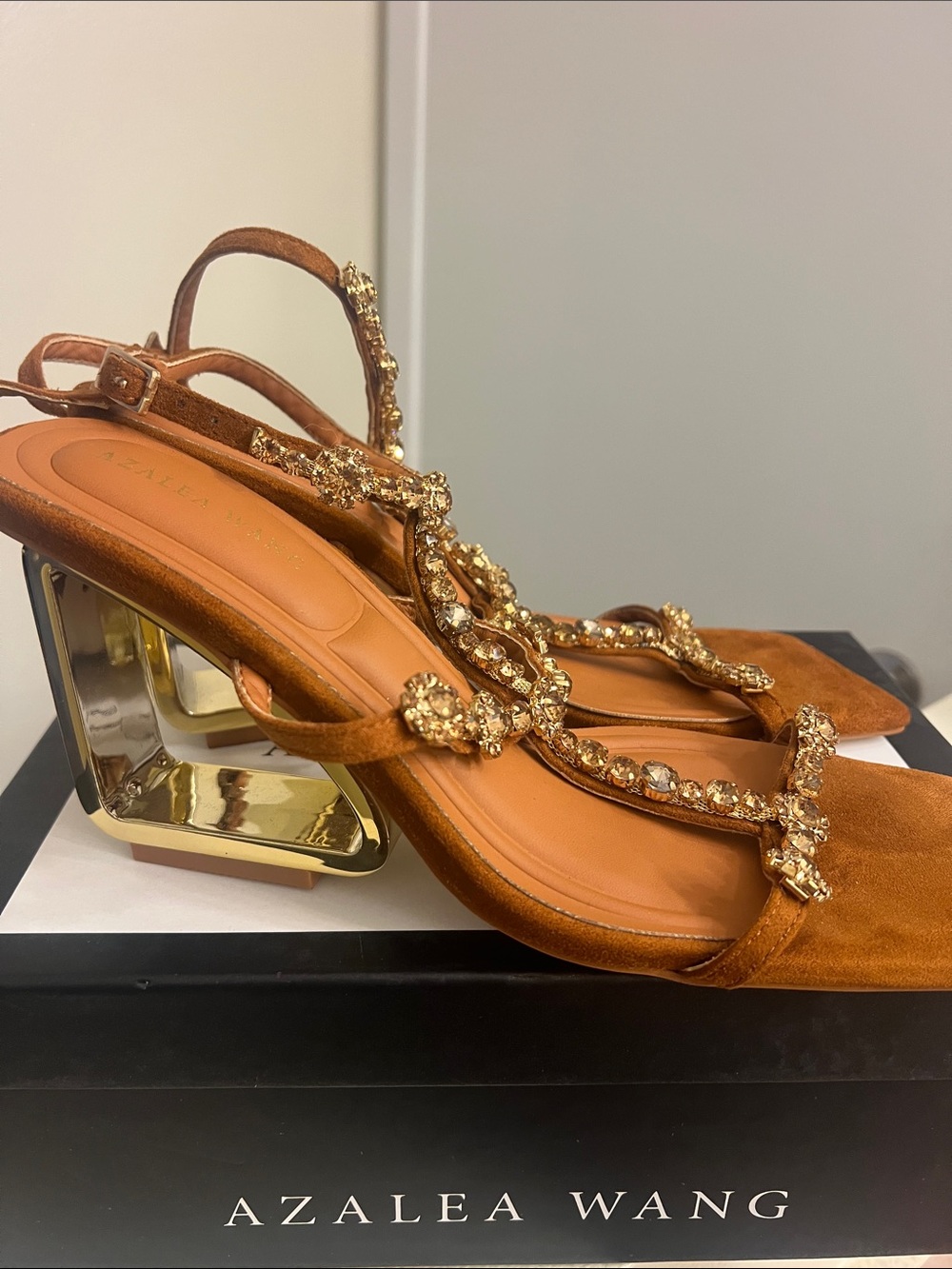 Azalea Wang Crystal-T-Strap Tan Suede Heels - Picture 2 of 7